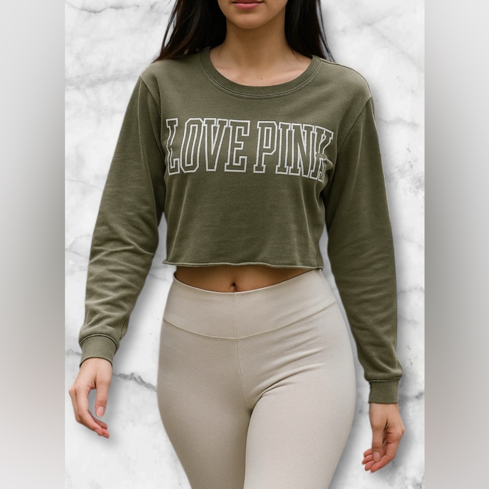 Victoria’s Secret PINK Cropped Distressed Raw Hem Green White Logo Shirt Size S